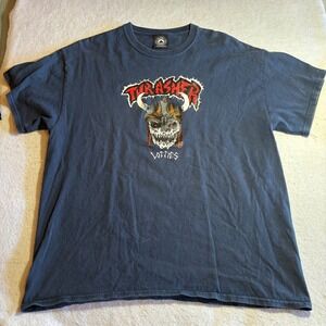 Thrasher Lotties Skateboard Magazine Viking Skull Graphic T-Shirt Navy Blue Mens